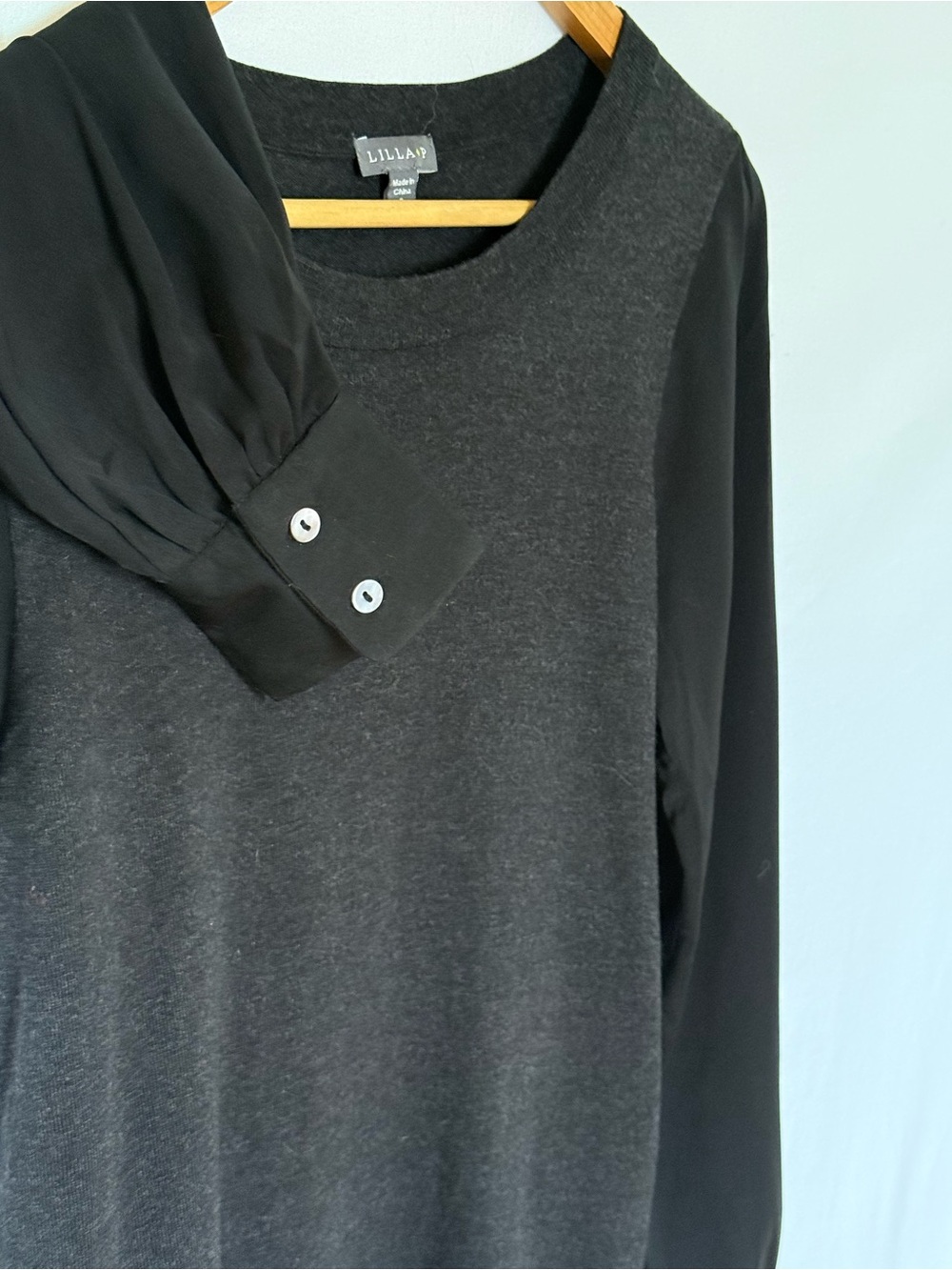 Lilla P Black Mixed-Media Long-Sleeve Crewneck